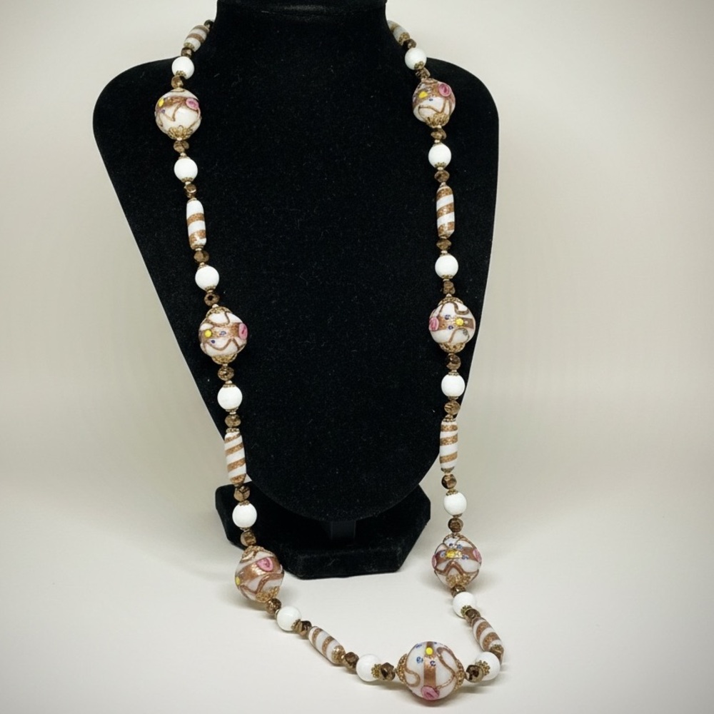 Vintage Venetian Wedding Cake Bead Necklace White Glass Pink Rose Lampwork